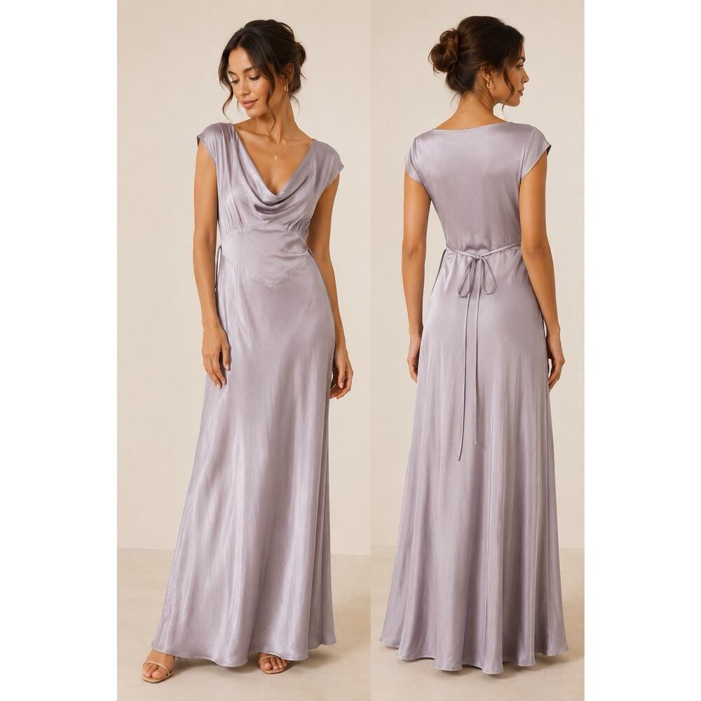 Ghost London Silver Satin Maxi Dress Cowl Neck Cap Sleeve Tie Waist Size Medium